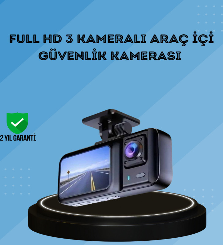 360° Kapsama Sahip Full HD Araç Kamerası 3’lü Kayıt Gece Görüşlü DashCam - Lisinya