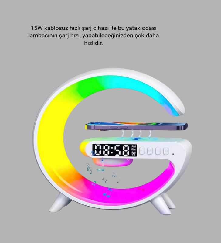 Bluetooth Hoparlörlü RGB Atmosfer Lambası Kablosuz Şarj ve Saat Özellikli - Lisinya