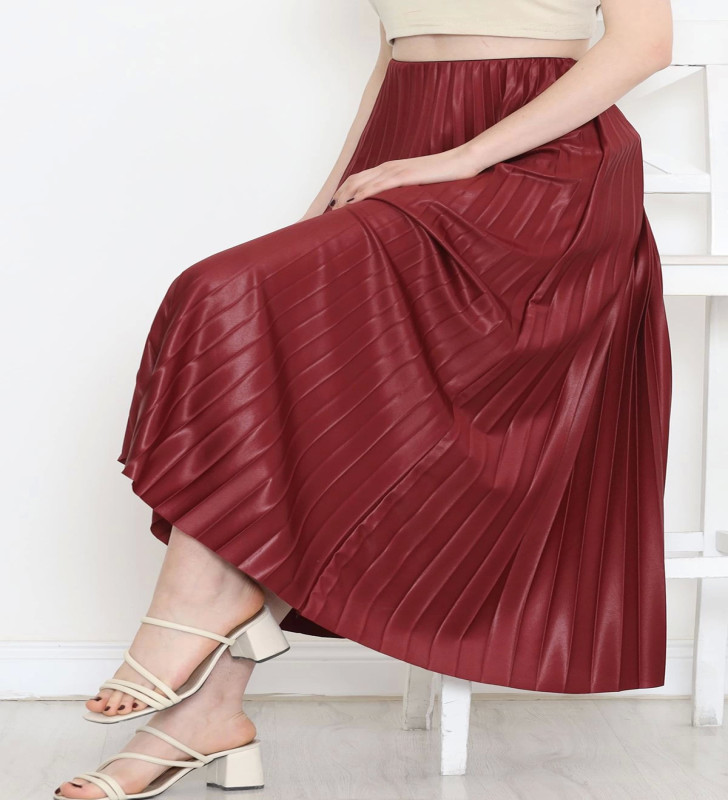 Zarif ve Modern Pileli Parlak Krep Gizli Lastikli Bordo Etek ( Lisinya )