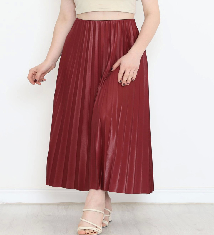 Zarif ve Modern Pileli Parlak Krep Gizli Lastikli Bordo Etek ( Lisinya )
