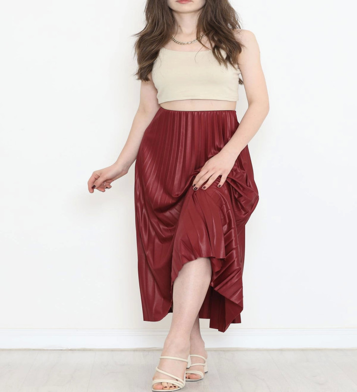 Zarif ve Modern Pileli Parlak Krep Gizli Lastikli Bordo Etek ( Lisinya )