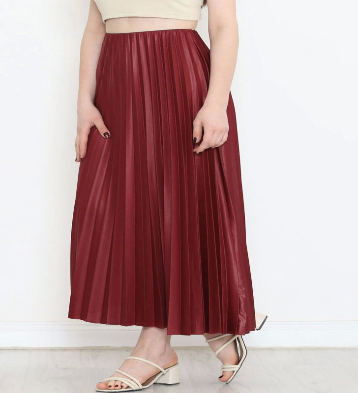 Zarif ve Modern Pileli Parlak Krep Gizli Lastikli Bordo Etek ( Lisinya )