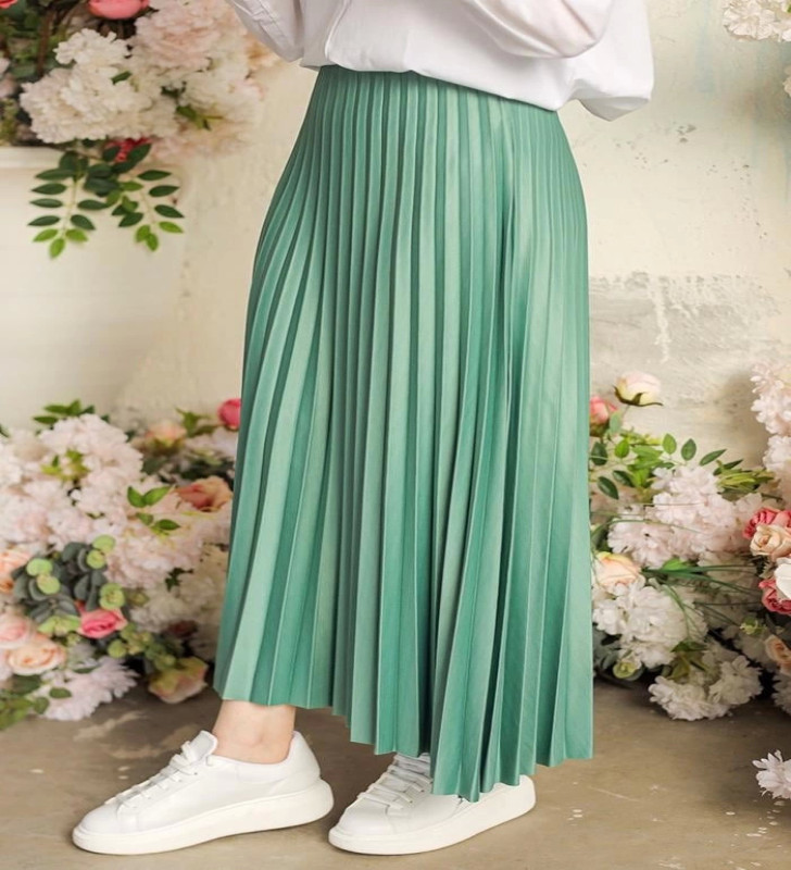 Zarif ve Modern Pileli Parlak Krep Gizli Lastikli Mint Etek ( Lisinya )