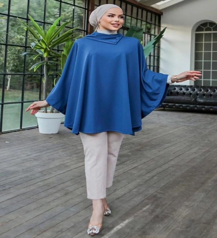 Düğme Detaylı Şık Tasarımlı Mavi Şal Yaka Panço ( Lisinya )