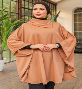 Düğme Detaylı Şık Tasarımlı Bej Şal Yaka Panço ( Lisinya )