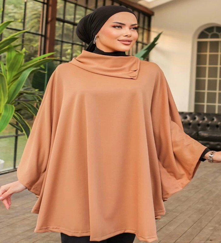 Düğme Detaylı Şık Tasarımlı Bej Şal Yaka Panço ( Lisinya )