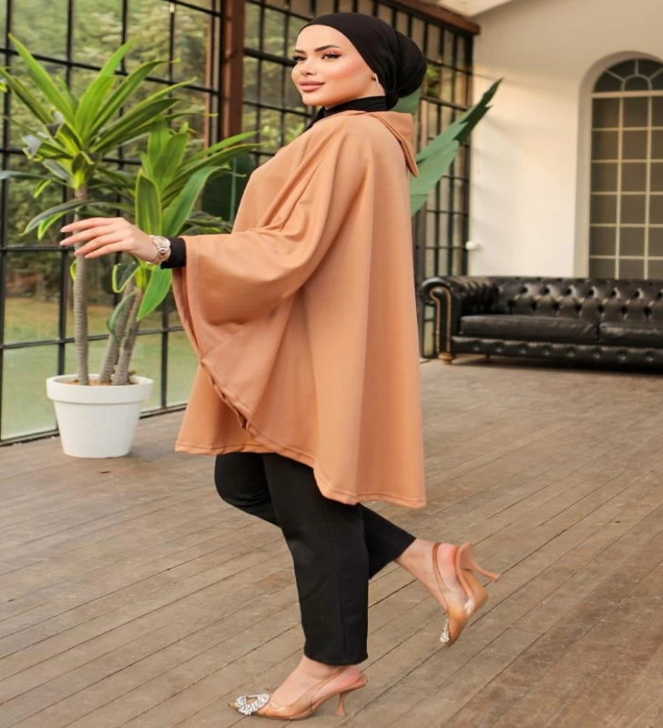 Düğme Detaylı Şık Tasarımlı Bej Şal Yaka Panço ( Lisinya )