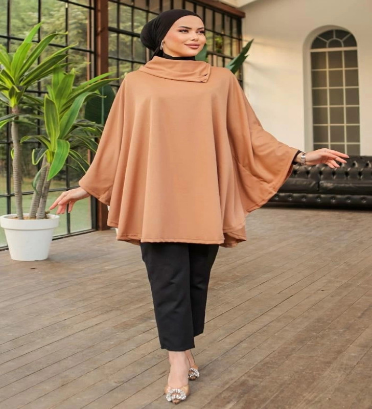 Düğme Detaylı Şık Tasarımlı Bej Şal Yaka Panço ( Lisinya )