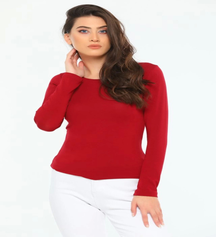 Rahat Ve Şık Uzun Kollu Bisiklet Yaka Likralı Viskon Penye Body Bordo ( Lisinya )