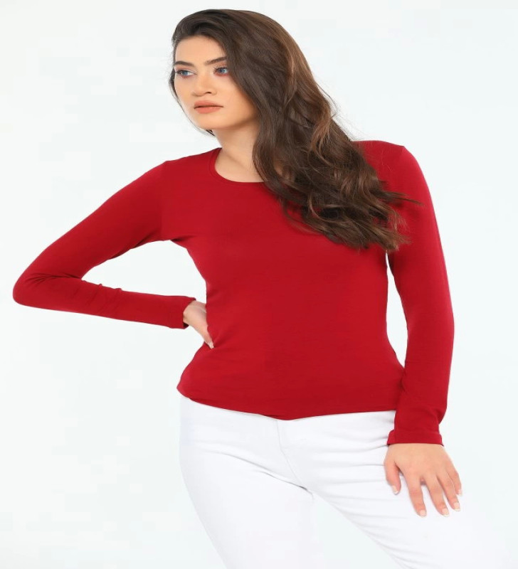 Rahat Ve Şık Uzun Kollu Bisiklet Yaka Likralı Viskon Penye Body Bordo ( Lisinya )