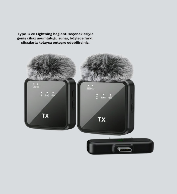 2’li Kablosuz Yaka Mikrofonu Type-C ve Lightning Uyumlu Profesyonel Set - Lisinya