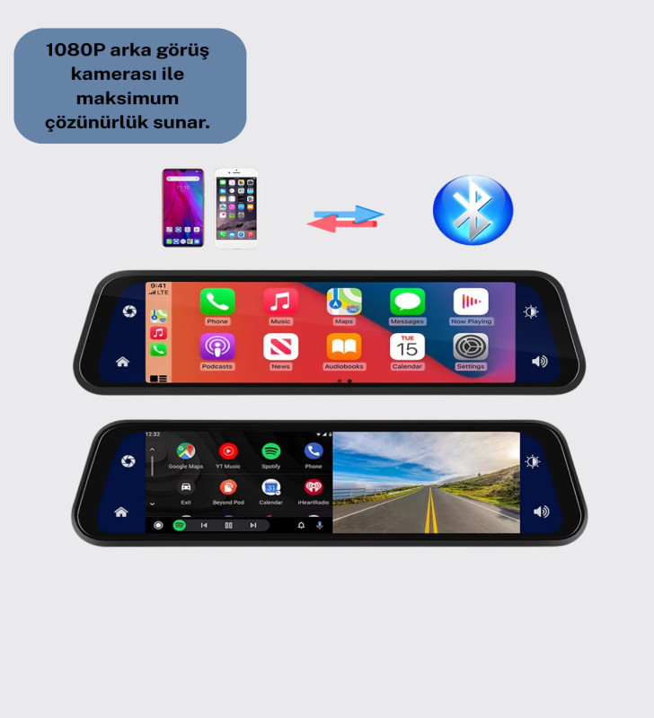 10 İnç Tam Dokunmatik Dikiz Aynası Kamera Ön Arka Full HD - Lisinya