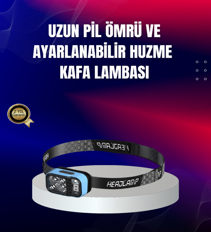 Süper Parlak LED Kafa Feneri 3 Renk 53 Mod Type C Şarjlı - Lisinya