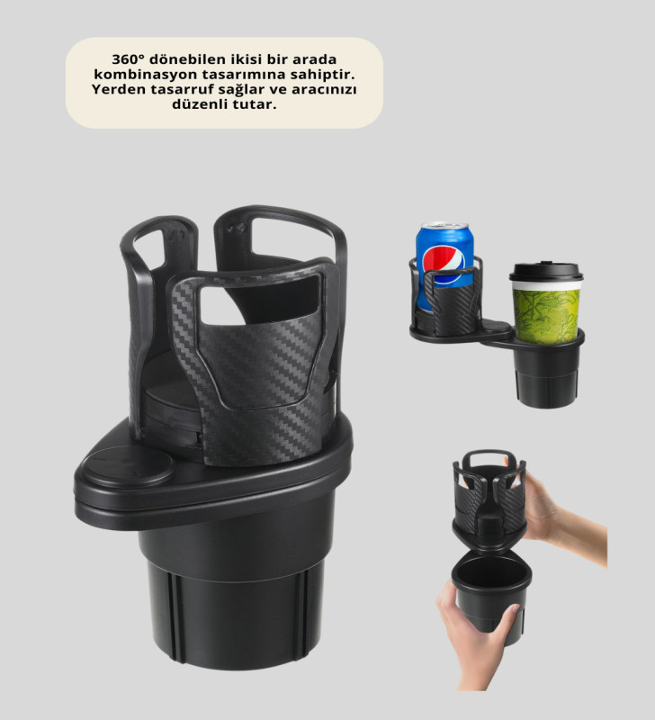 Araç İkili Bardak Tutucu Ayarlanabilir Genişlik 360° Döner Sistem - Lisinya