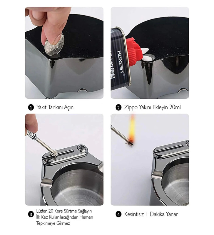 Metal Çakmaklı Küllük Zippo Yakıt İle Çalışır ( Lisinya )