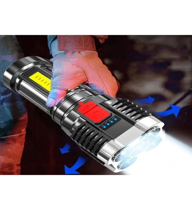 Ultra Parlak El Feneri Usb Şarj 4 Led+Yan Cob Led Taktik Günlük Hayat Kamp Avcılık El Feneri ( Lisinya )