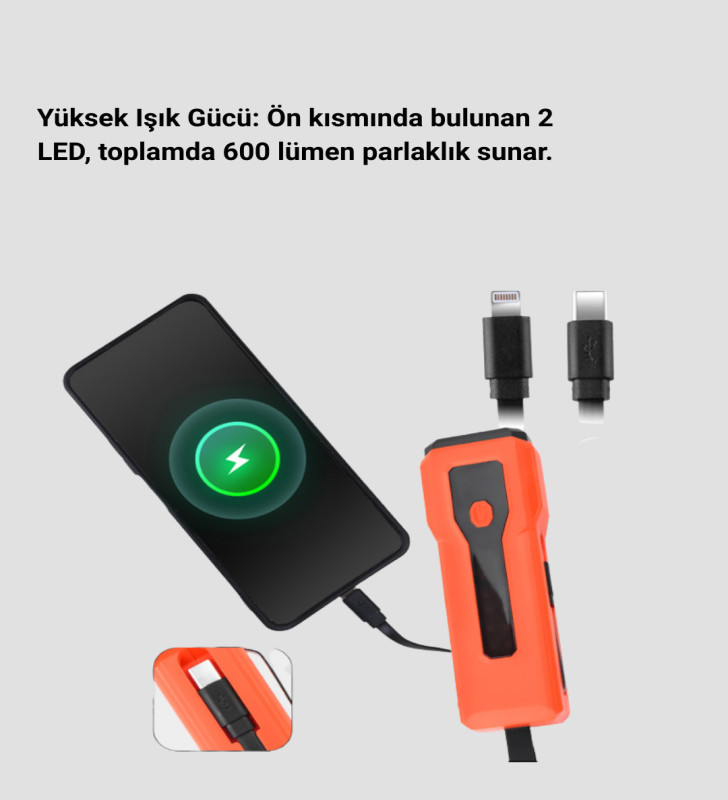 600 Lümen Bisiklet Ön Işık Powerbankli Çakar COB Led - Lisinya