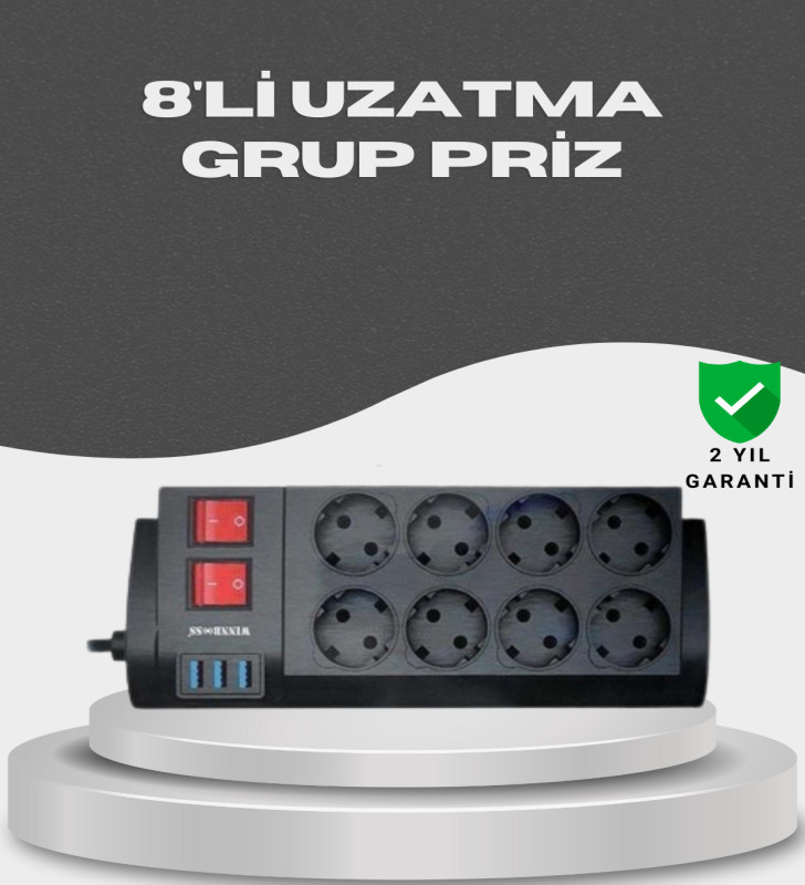 Akım Korumalı 8’li Priz 3 USB’li Uzatma Kablosu Isıya Dayanıklı 2 Metre - Lisinya