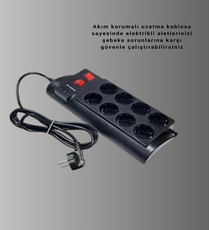 Akım Korumalı 8’li Priz 3 USB’li Uzatma Kablosu Isıya Dayanıklı 2 Metre - Lisinya