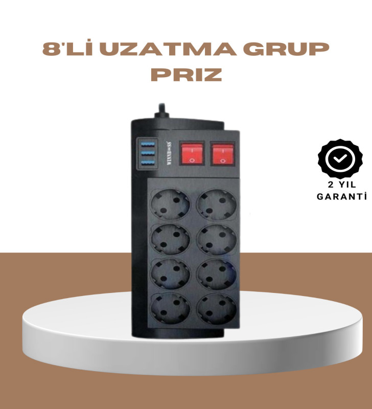 Güçlü Termal Korumalı 8 Priz + 3 USB Çoklu Uzatma Kablosu 2m - Lisinya