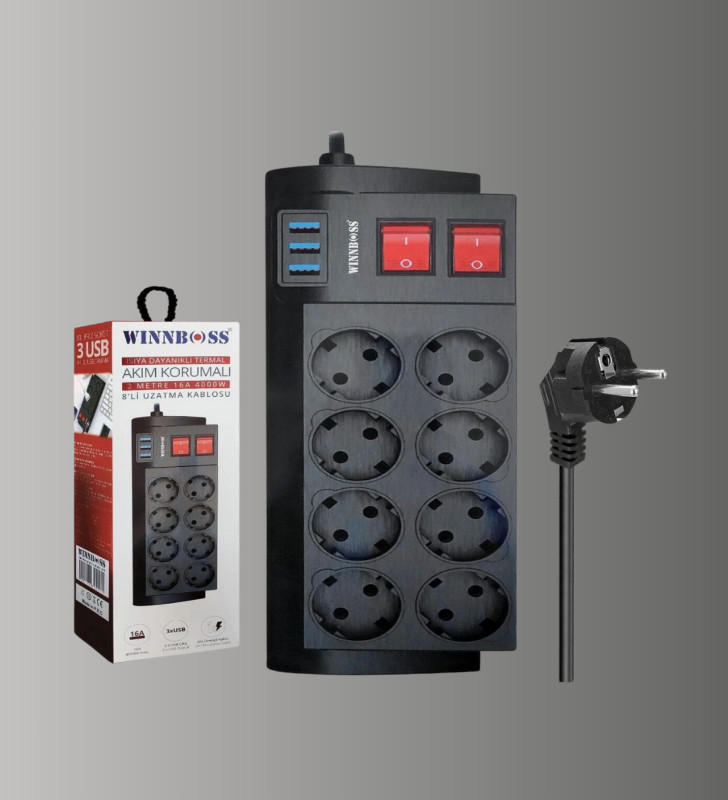 Güçlü Termal Korumalı 8 Priz + 3 USB Çoklu Uzatma Kablosu 2m - Lisinya