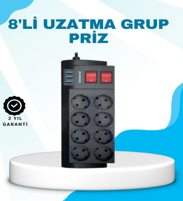 Isıya Dayanıklı Termal Akım Korumalı 8'li Priz ve 3 USB Girişli Uzatma Kablosu - Lisinya