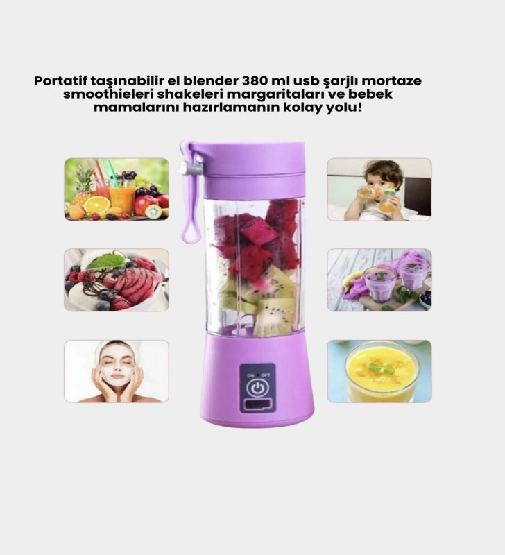 Taşınabilir USB Şarjlı Mini Smoothie Blender 380ml Çelik Bıçaklı Portatif - Lisinya