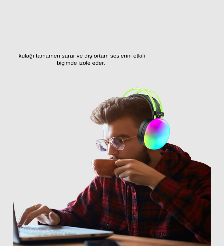 RGB Işıklı Kablosuz Kulaklık Bluetooth 5.3 800mAh Ergonomik IPX4 Dayanıklı - Lisinya