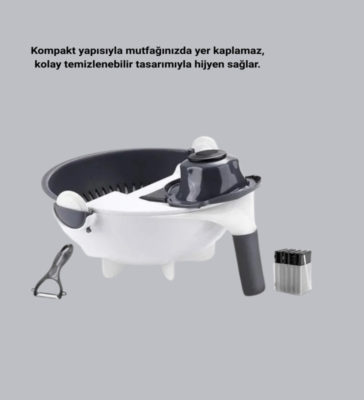 5 Fonksiyonlu Döner Rende Süzgeçli Çok Amaçlı Sebze Doğrayıcı Kaymaz Tabanlı - Lisinya