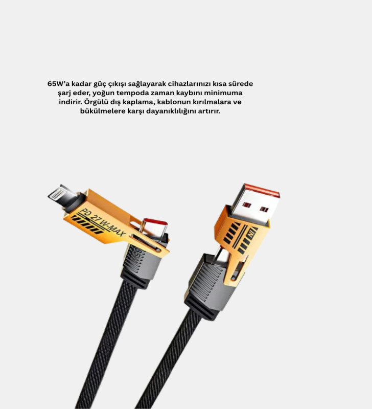 65W Çoklu Şarj Kablosu 4’ü 1 Arada Örgülü Hızlı Veri Aktarım USB-C USB-A - Lisinya
