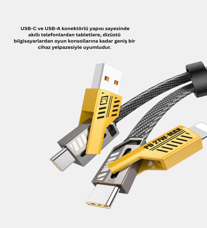 65W Çoklu Şarj Kablosu 4’ü 1 Arada Örgülü Hızlı Veri Aktarım USB-C USB-A - Lisinya