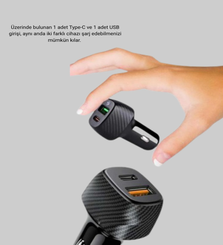 Araç Tipi Hızlı Şarj Adaptörü Type-C PD USB Çift Port Kompakt - Lisinya
