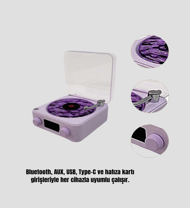 Projektör Işıklı Retro Hoparlör Bluetooth AUX USB Hafıza Kartlı 360° Sesli Şarjlı - Lisinya