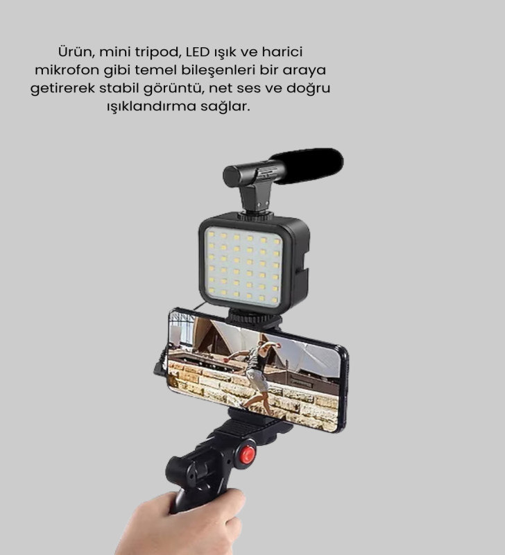 Profesyonel Vlog Çekim Kiti LED Işıklı Tripod Mikrofonlu Telefon Seti - Lisinya