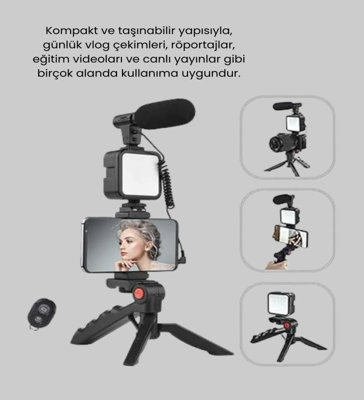 Profesyonel Vlog Çekim Kiti LED Işıklı Tripod Mikrofonlu Telefon Seti - Lisinya