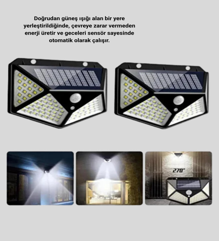 Güneş Enerjili Aydınlatma 100 LED Sensörlü Solar Dış Mekan Lamba - Lisinya