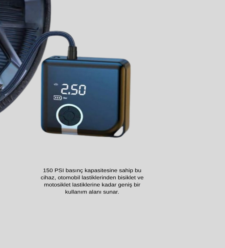 Dijital Ekranlı Şarjlı Hava Kompresörü 150 PSI Güçlü Motorlu - Lisinya