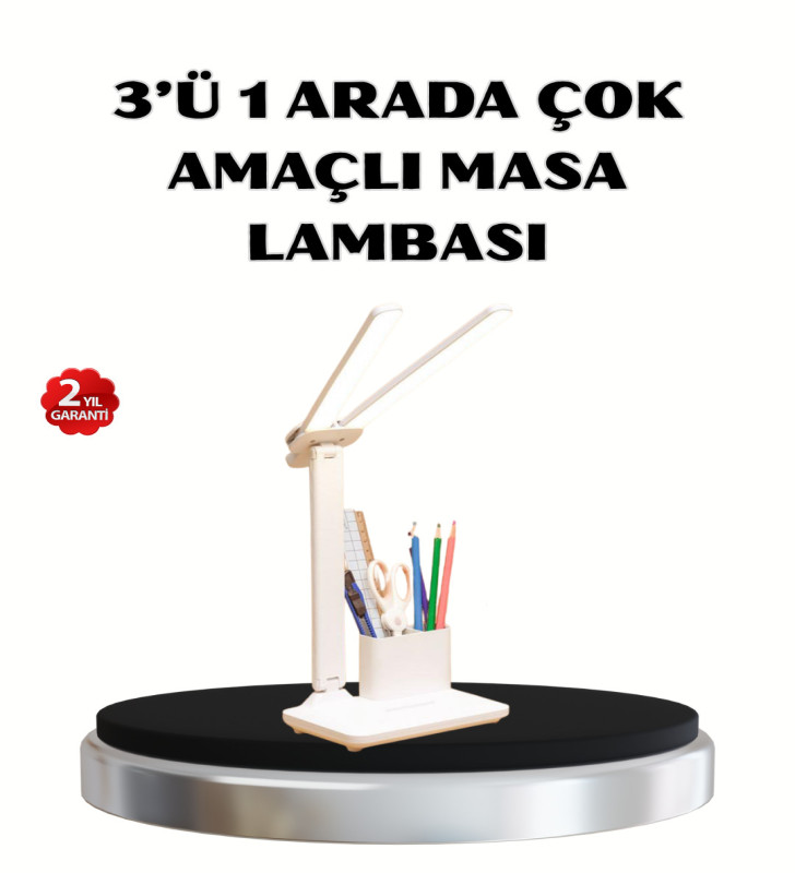 Kalemlik ve Telefon Standlı Masa Lambası – Kısılabilir LED Işık, Göz Dostu Tasarım - Lisinya