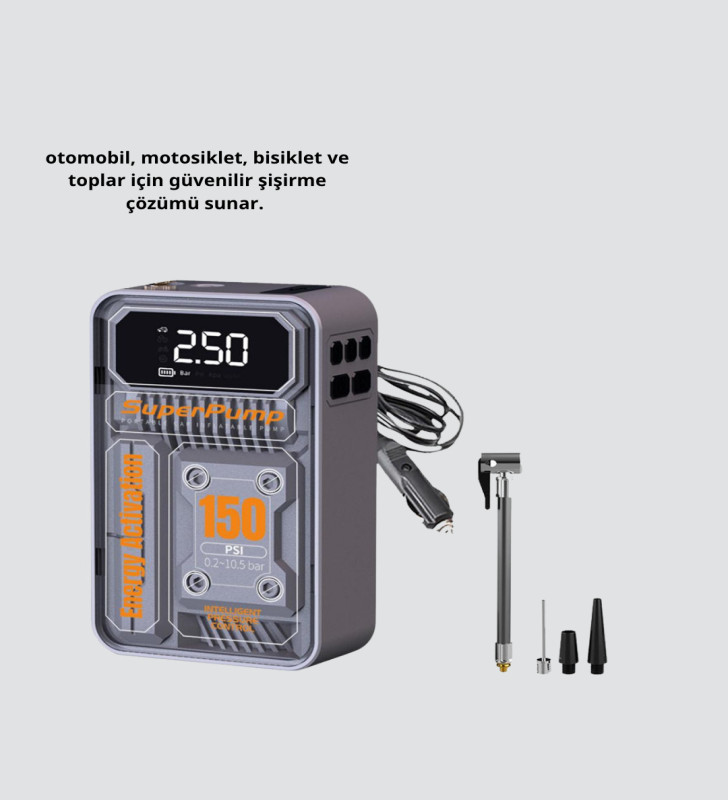 Taşınabilir Kablosuz Hava Pompası – 150 PSI Güçlü Basınç ve 6000mAh Şarjlı - Lisinya