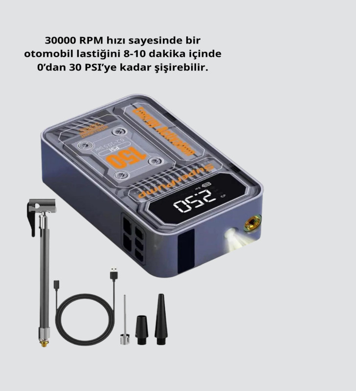 Taşınabilir Kablosuz Hava Pompası – 150 PSI Güçlü Basınç ve 6000mAh Şarjlı - Lisinya