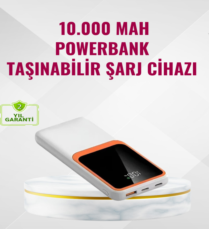 Powerbank 10000 mAh – Çift USB Çıkışlı, Type-C Girişli, Şık Beyaz Tasarım - Lisinya