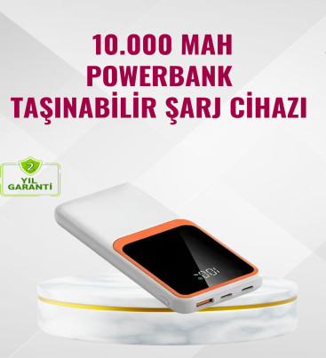 Powerbank 10000 mAh – Çift USB Çıkışlı, Type-C Girişli, Şık Beyaz Tasarım - Lisinya
