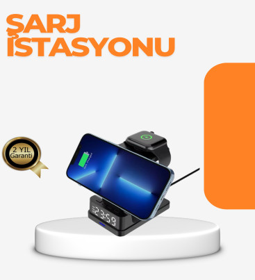 4’ü 1 Arada Kablosuz Şarj İstasyonu – LED Saat Ekranlı, Apple Uyumlu, Akıllı Güvenlik Koruması - Lisinya