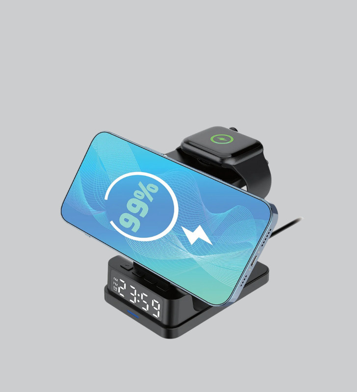 4’ü 1 Arada Kablosuz Şarj İstasyonu – LED Saat Ekranlı, Apple Uyumlu, Akıllı Güvenlik Koruması - Lisinya