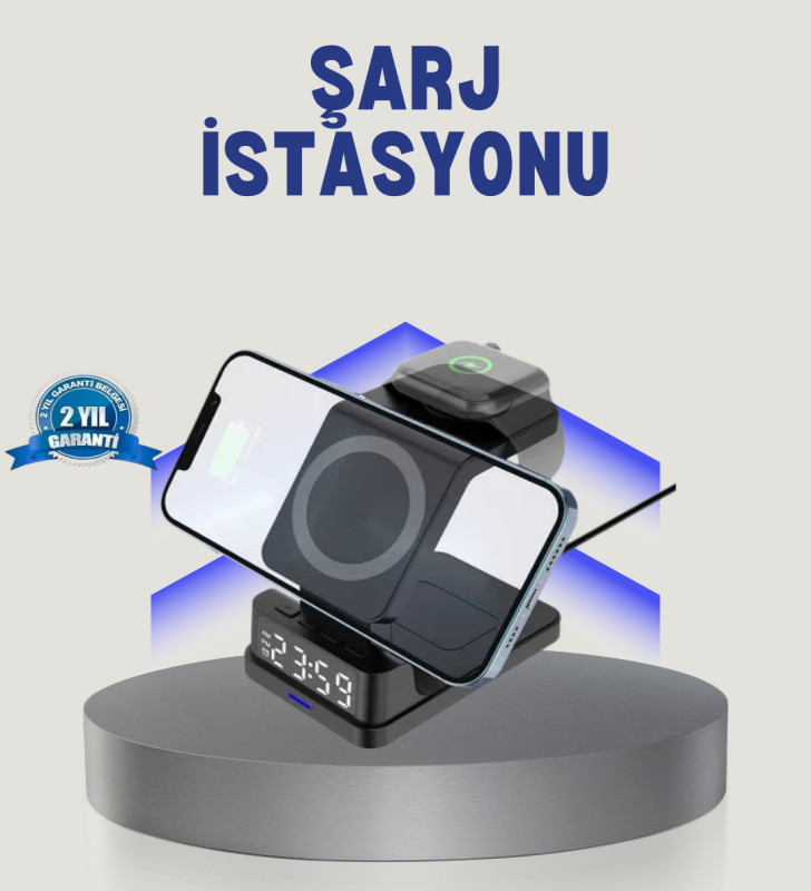 Kablosuz Şarj Cihazı ve Dijital Saat – 4’ü 1 Arada Hızlı Şarj, Apple Uyumlu, LED Işıklı Tasarım - Lisinya