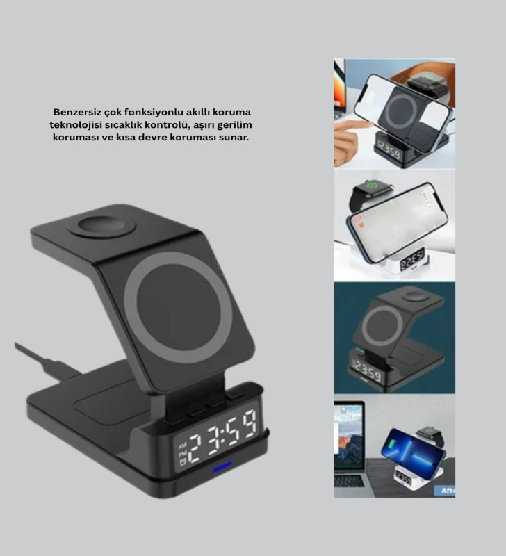 Dijital Saatli Kablosuz Şarj İstasyonu – 3’ü 1 Arada Apple Uyumlu Hızlı Şarj ve LED Ekran - Lisinya