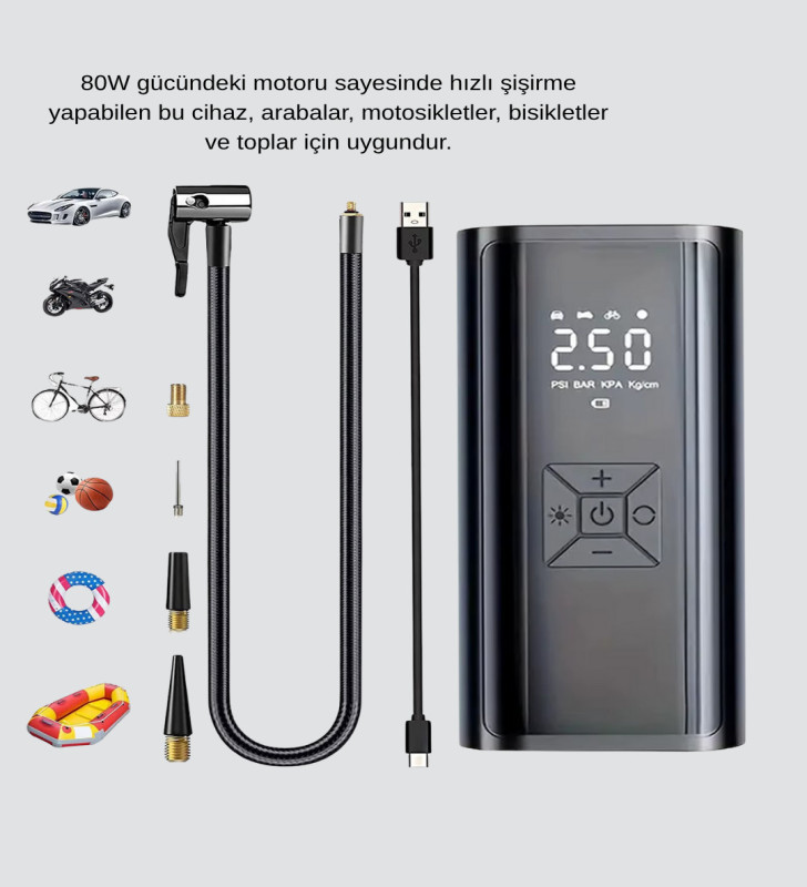Dijital Ekranlı Kablosuz Hava Pompası LED Işıklı 12V 80W - Lisinya