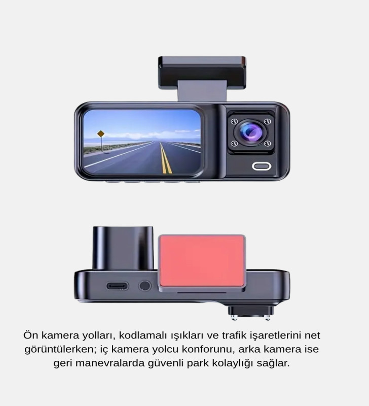 Üç Kameralı Dash Cam 170° Geniş Açılı Full HD Gece Görüşlü - Lisinya