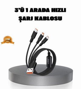 3’ü 1 Arada Şarj Kablosu Type-C iOS Android Uyumlu Hızlı ve Güvenli Şarj - Lisinya