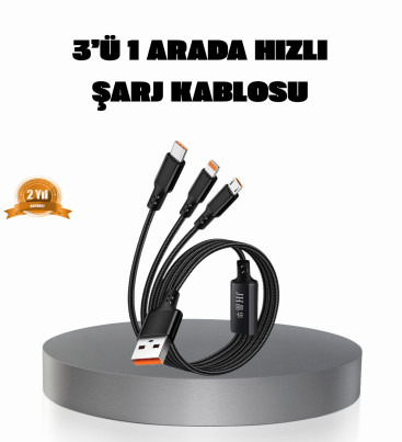 3’ü 1 Arada Şarj Kablosu Type-C iOS Android Uyumlu Hızlı ve Güvenli Şarj - Lisinya